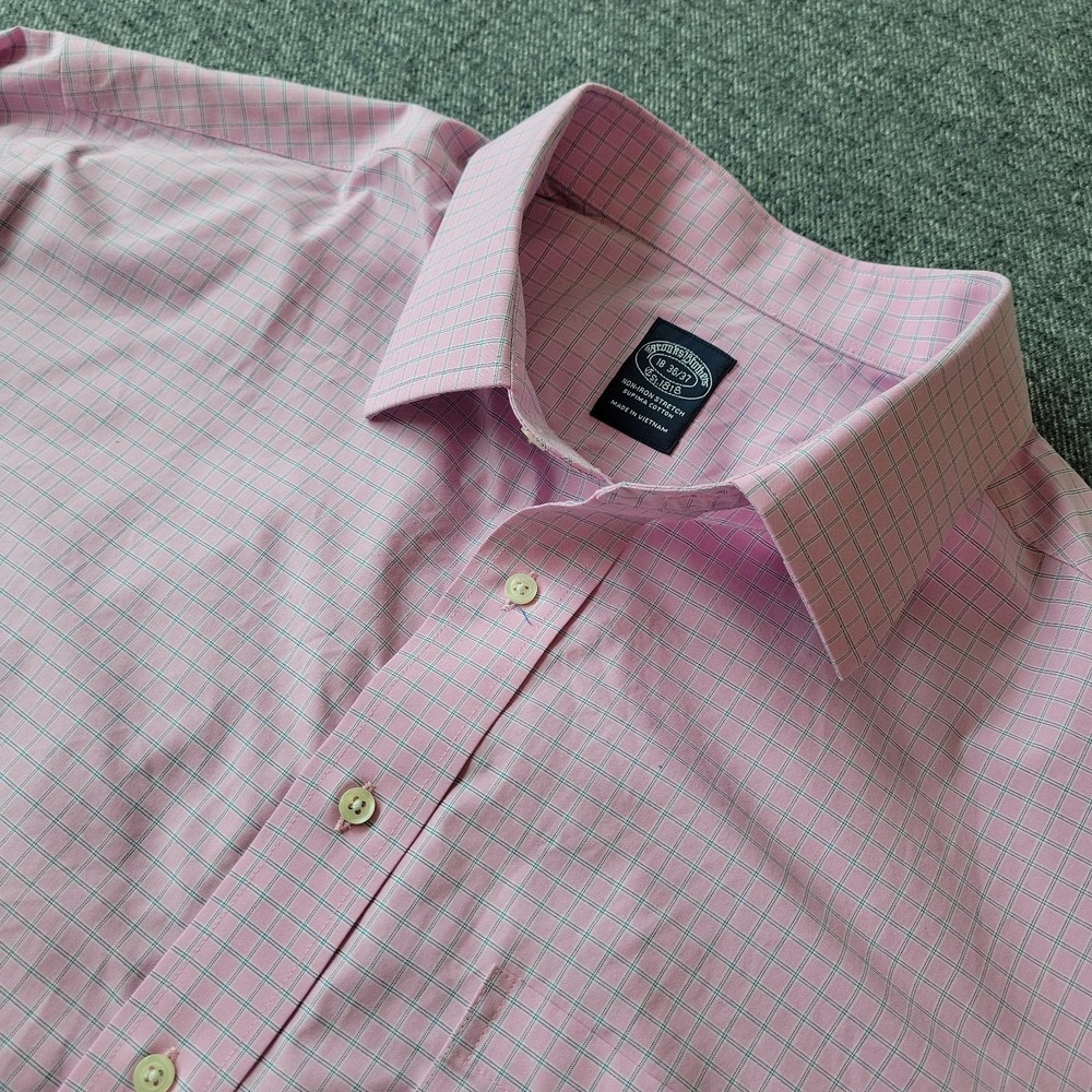 Brooks Brothers Dress Shirt Men's 18 36/37 Pink Check Non Iron Stretch Supima